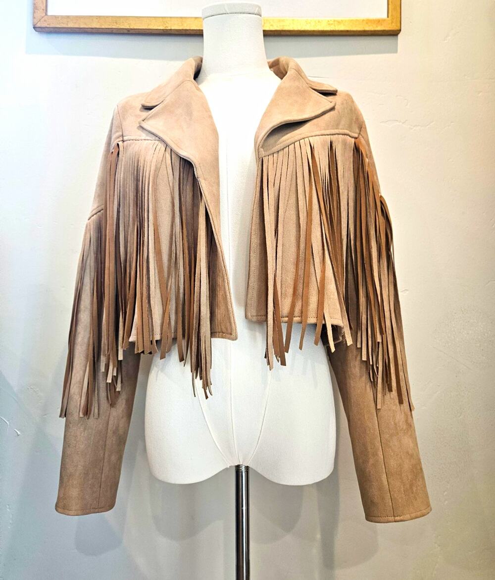 Saints & Hearts Faux Suede Fringe Jacket Womens Small Cropped Tan Western MOTO